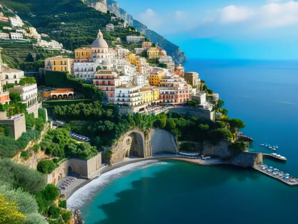 Costa Amalfitana: Pueblos coloridos en acantilados Vistas aéreas de pueblos coloridos en acantilados de la Costa Amalfitana con el Mar Tirreno