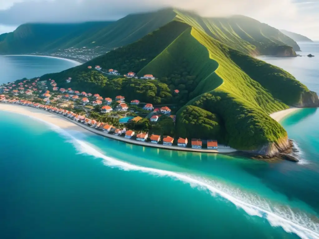 Pintoresco pueblo costero: belleza y vulnerabilidad Vistas aéreas de seguro casas frente mar tsunamis en encantador pueblo costero entre mar azul y montañas verdes