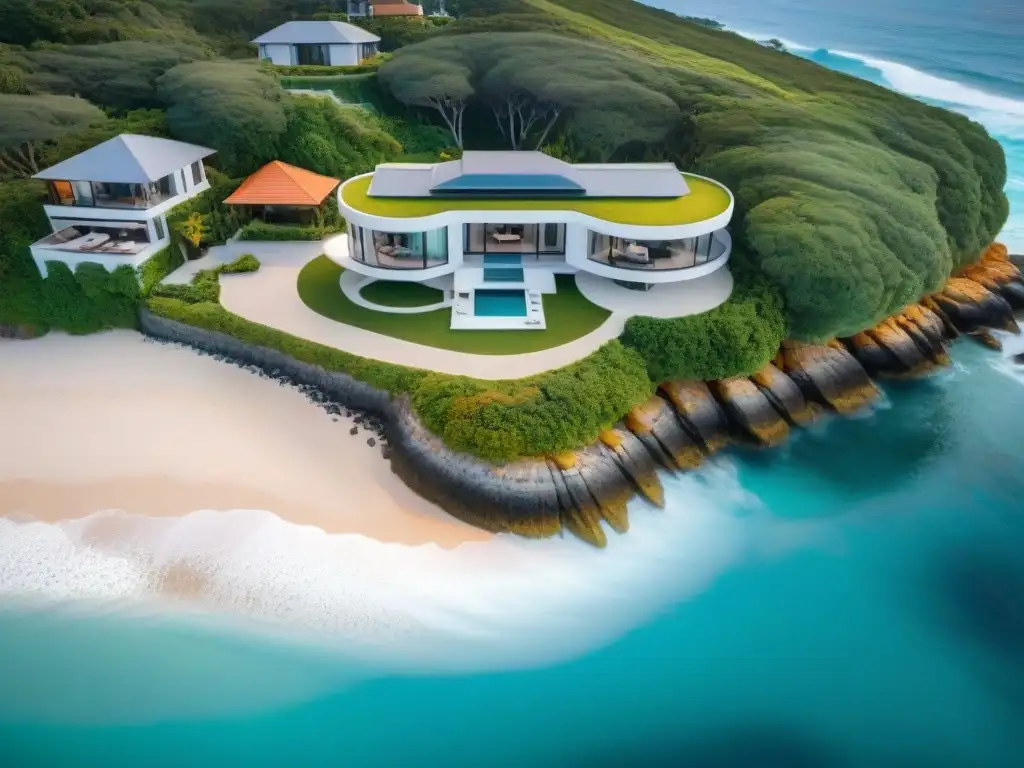 Propiedad costera moderna: drone captura vistas impresionantes Vistas impresionantes de propiedad costera moderna con drone capturando paisaje marítimo y lujosas comodidades