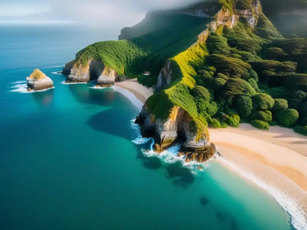 Costa salvaje: belleza natural desde el cielo Vistas impresionantes propiedades costeras drone: Acantilados, bosque verde, playa solitaria y aguas cristalinas