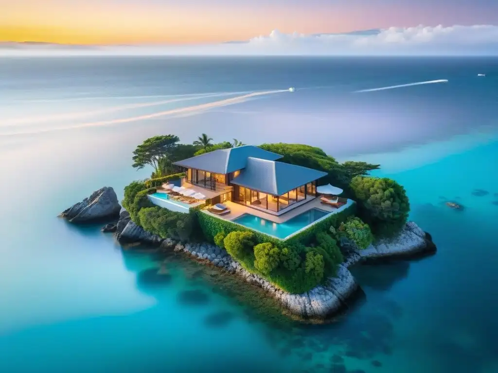 Propiedad de lujo en la costa al atardecer: exclusividad y extravagancia Vistas impresionantes propiedades costeras drone en atardecer vibrante