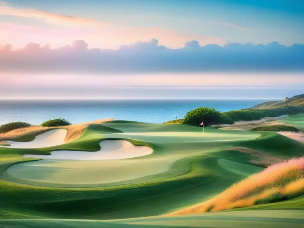 Golf al atardecer: Belleza costera en campo sereno Vistas al mar al atardecer en un campo de golf, con golfistas y veleros en el horizonte