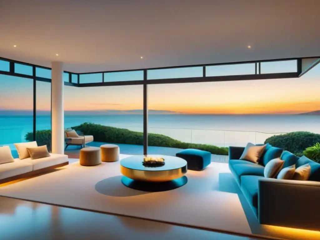 Residencia costera de lujo con realidad virtual y atardecer dorado Vistas al mar Realidad Virtual: Lujo costero con ventanales que muestran un atardecer dorado sobre el agua