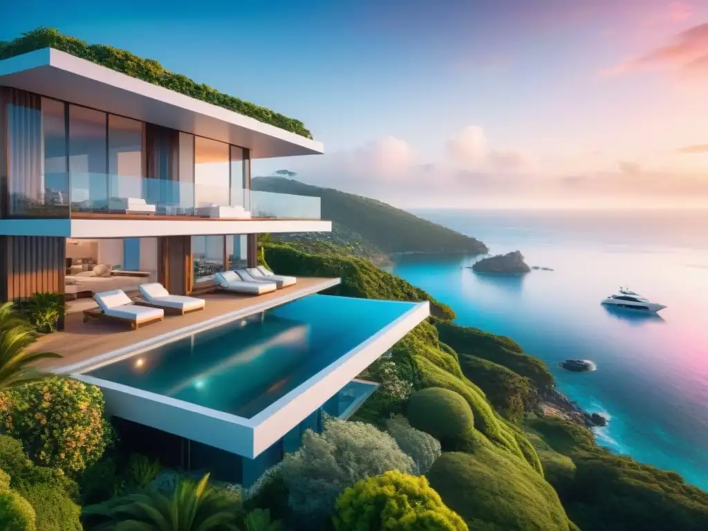 Residencia costera de lujo: arquitectura moderna y vistas al mar Vistas panorámicas de una lujosa propiedad costera, con arquitectura moderna y piscina infinita