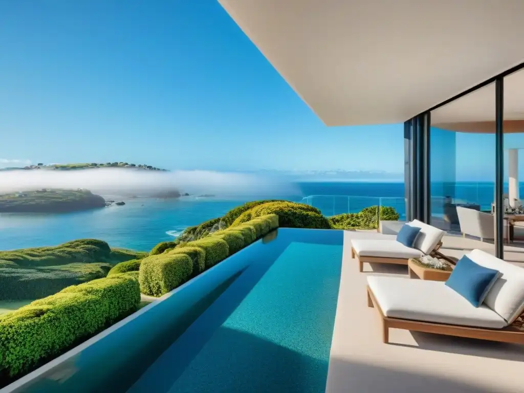 Propiedad costera de lujo con vistas al mar Vistas panorámicas al mar en una lujosa propiedad costera con arquitectura moderna y exuberante jardín