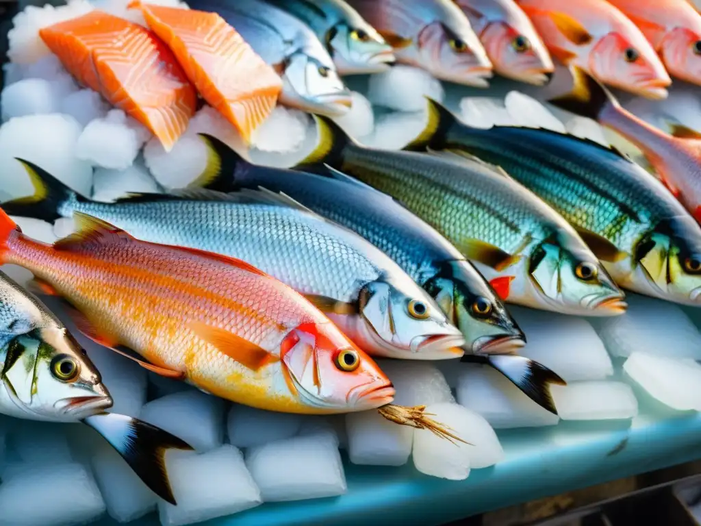 Mercado costero: pescado fresco y colorido en hielo Vívida escena en un concurrido mercado de pescado costero, destacando técnicas de asado de pescado