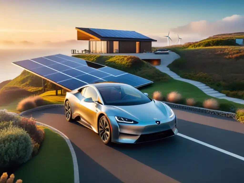 Vivienda costera sostenible con energía renovable al atardecer Vivienda costera con energía renovable y auto eléctrico
