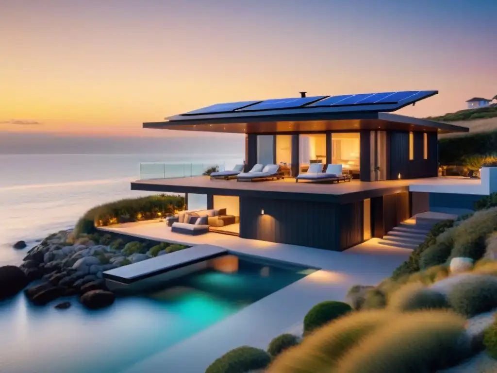 Residencia inteligente costera: tecnología y confort en armonía Vivienda costera inteligente con domótica al atardecer en armonía con la naturaleza