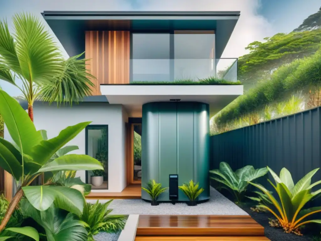 Casa costera moderna con sistema de recolección de agua de lluvia Vivienda costera moderna con sistema eficiente de recolección de agua lluvia y barriles ecológicos