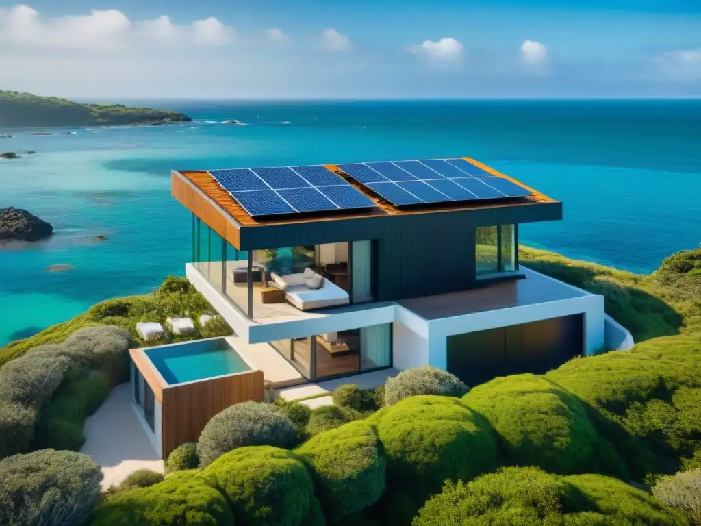 Eco-casa costera: armonía sostenible junto al mar Una vivienda costera sostenible y autónoma, con paneles solares relucientes bajo el sol, rodeada de exuberante vegetación y con vistas al océano