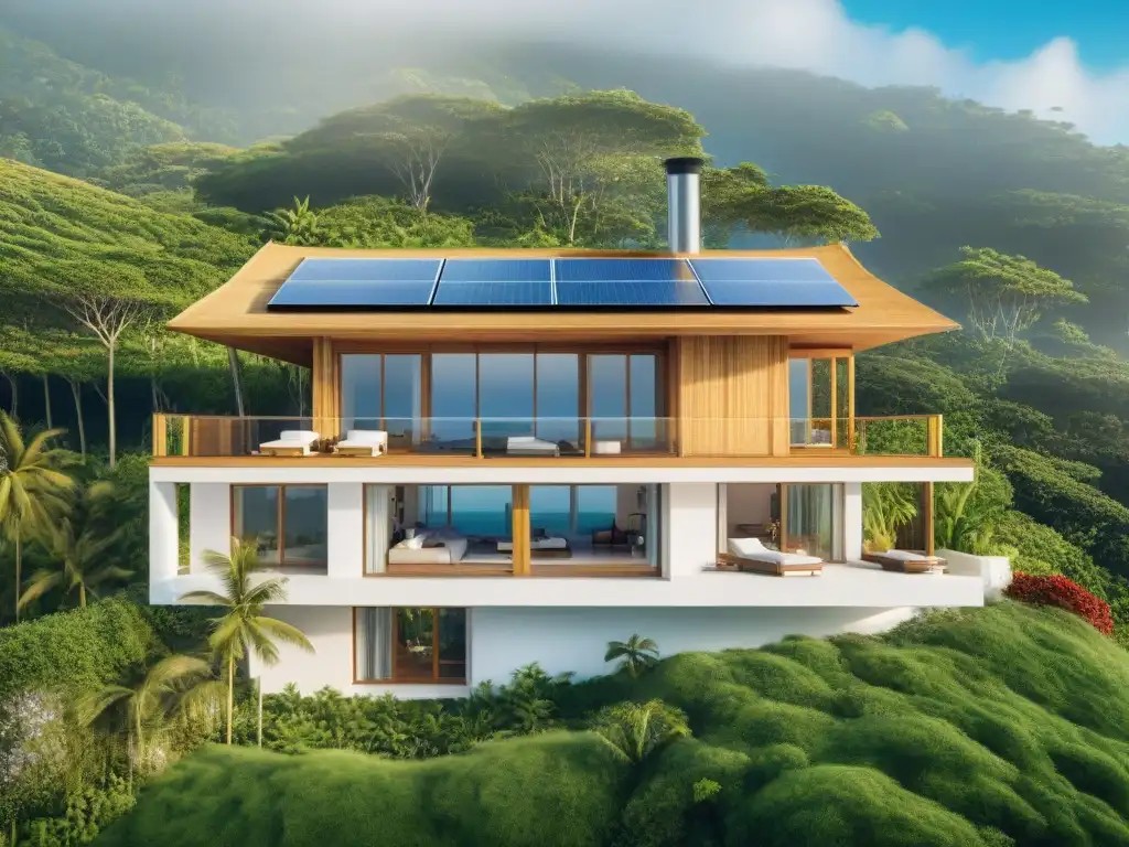Casa ecológica en la costa: armonía sostenible con la naturaleza Vivienda costera sostenible con materiales como bambú y madera reciclada, rodeada de naturaleza y con vista al mar