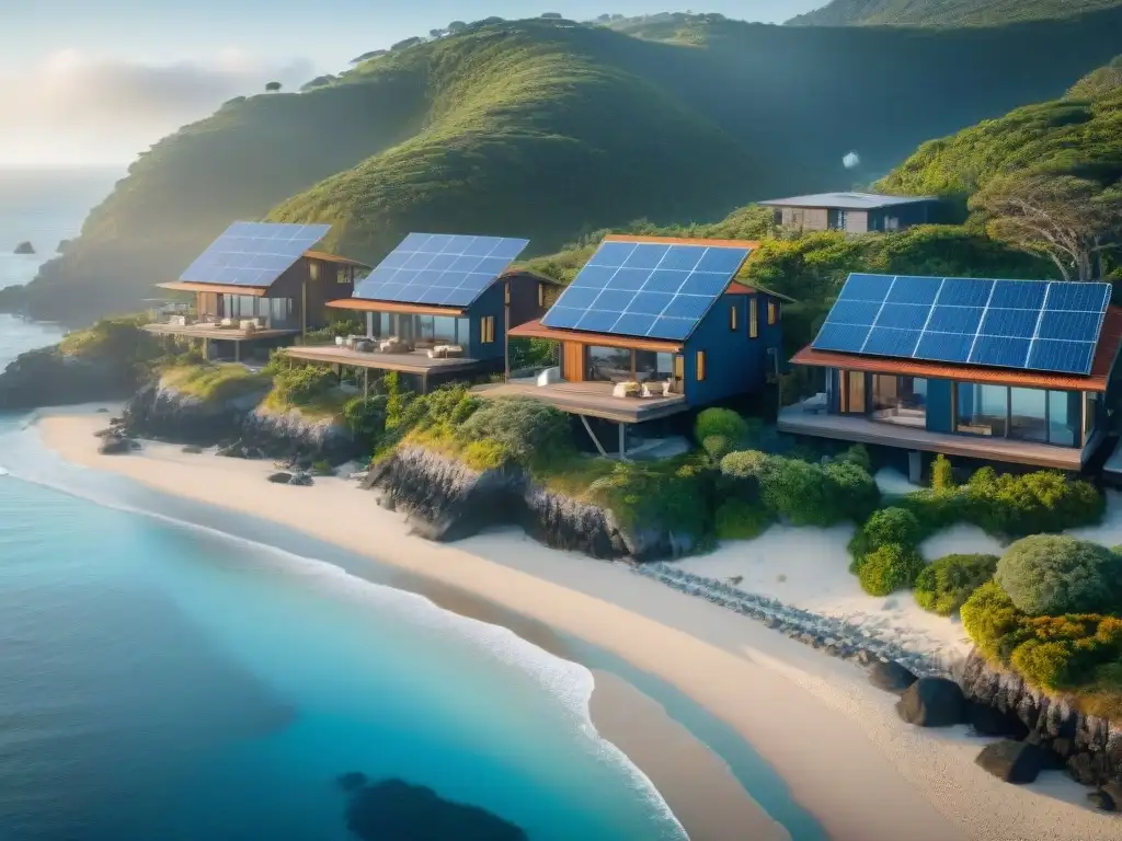 Comunidad costera sostenible: hogares ecoamigables junto al mar Viviendas ecológicas junto al mar con paneles solares y diseño sostenible, integradas armónicamente en la costa