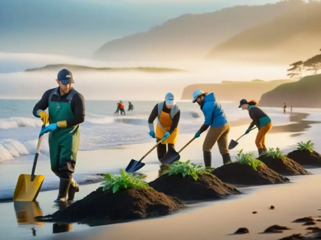 Plantación de árboles nativos al atardecer en la costa Voluntarios plantando árboles nativos en la costa al atardecer, reflejando colaboración comunitaria y conservación costera