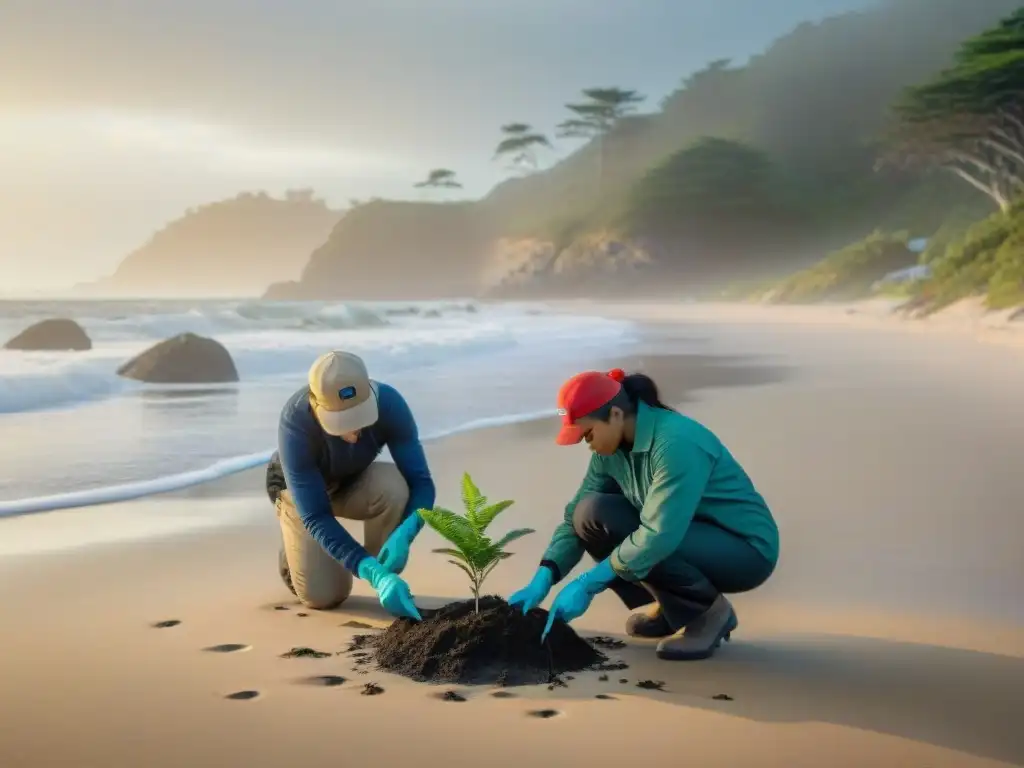 Conservacionistas plantando árboles nativos al amanecer en la playa Voluntarios plantando árboles nativos en una playa al amanecer, destacando iniciativas de conservación costeras éxito