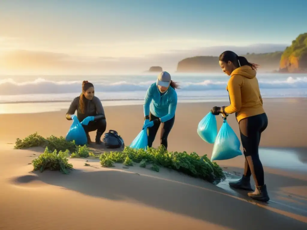 Voluntarios limpiando playa al amanecer: acción por el medio ambiente Voluntarios comprometidos protegiendo ecosistemas costeros involucrarte limpiando playa al amanecer