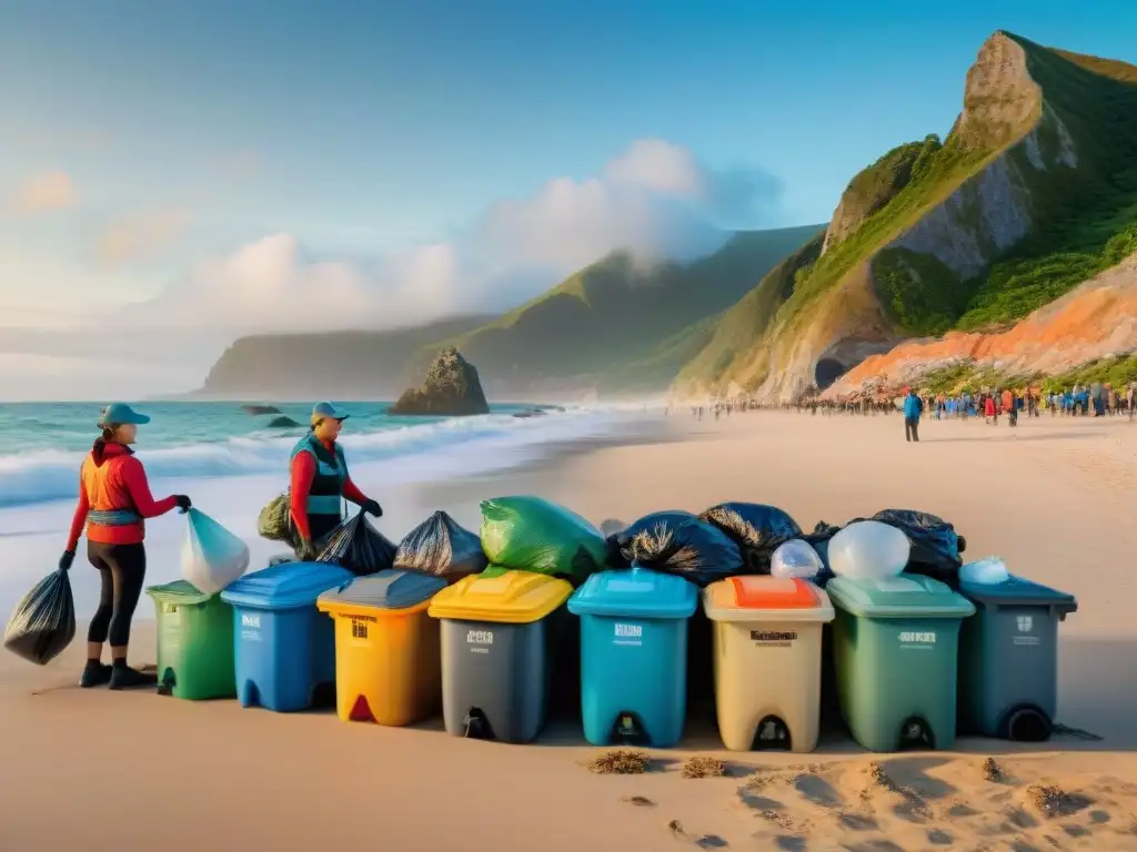 Acción comunitaria: Limpieza de playa para la conservación marina Voluntarios comprometidos en limpieza de playa, destacando la conservación marina vida costera sostenibilidad
