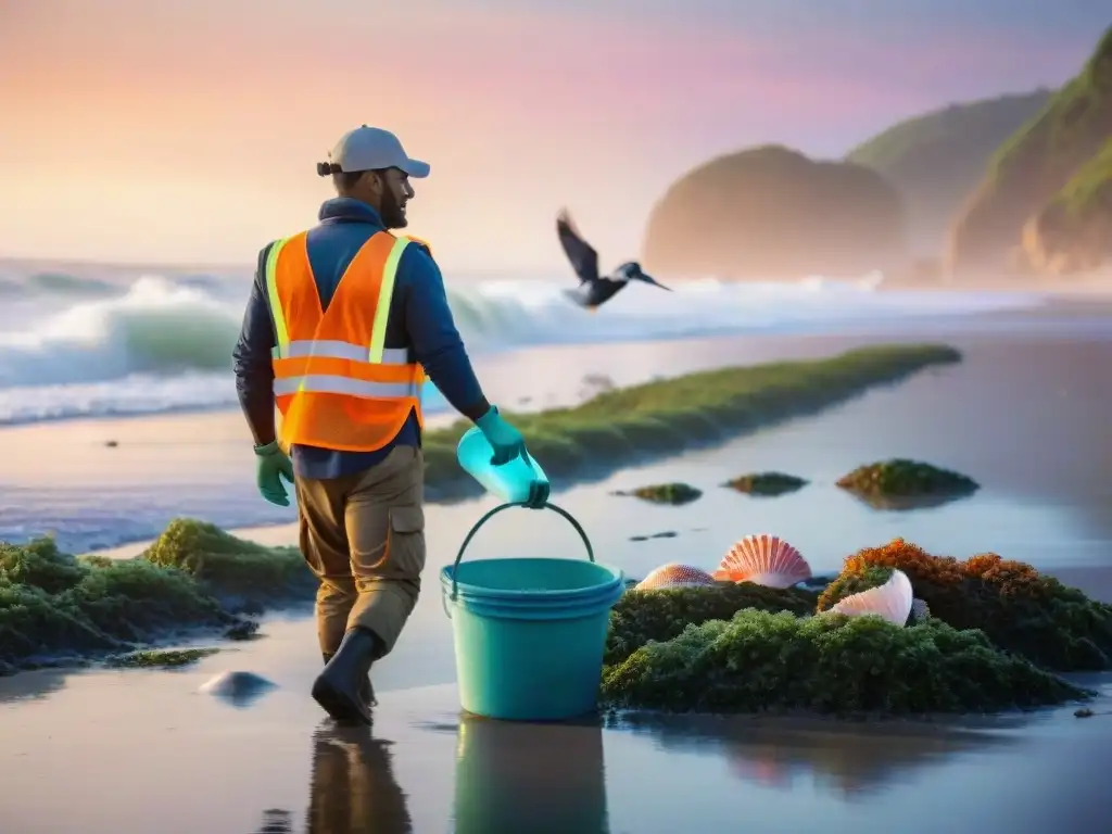 Voluntarios en acción: Limpieza de playa al atardecer Voluntarios protección ecosistemas costeros involucrarte en limpieza de playa al atardecer