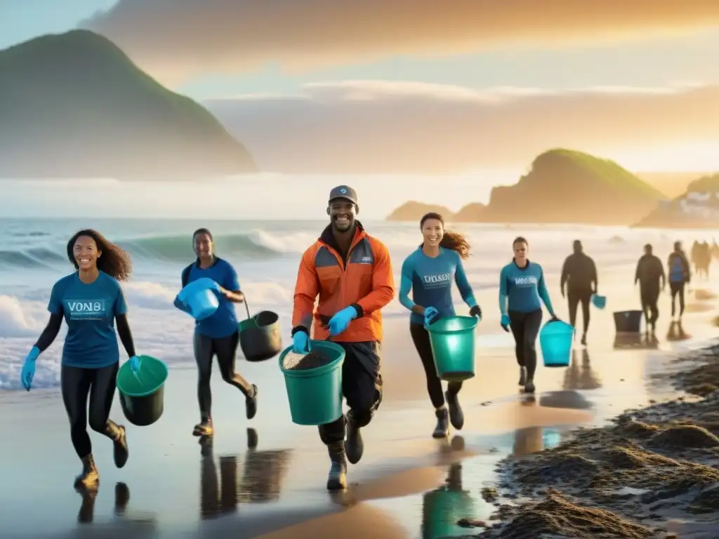 Voluntarios salvando el mar: limpieza de playa al atardecer Voluntarios protección ecosistemas costeros involucrarte en limpieza playa al atardecer