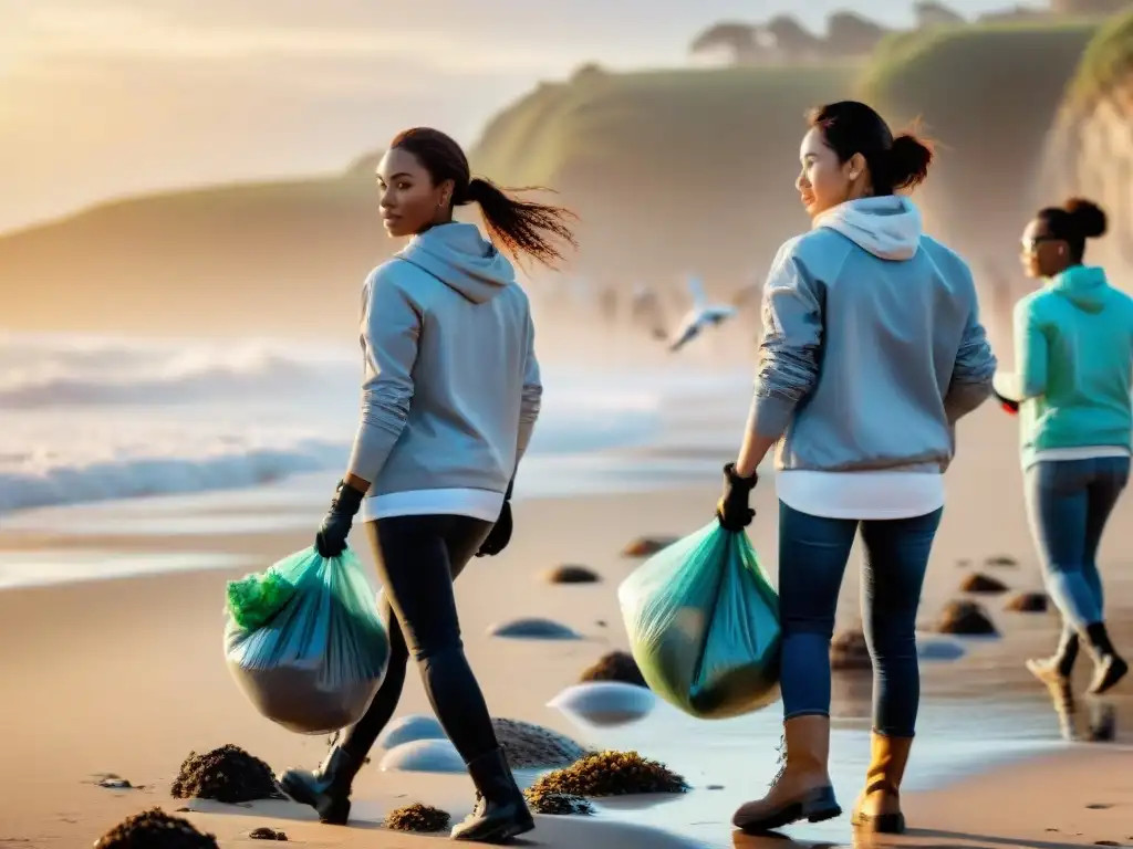 Voluntarios limpiando una playa al amanecer: conservación costera Voluntarios diversidad limpian playa al amanecer, enfoque en conservación costera