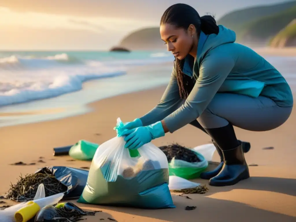 Voluntarios limpiando playa al atardecer: conservación costera en acción Voluntarios diversificados limpian la playa al atardecer, destacando proyectos de conservación costera