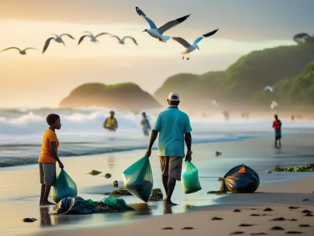 Limpieza comunitaria al amanecer: esperanza en la costa Voluntarios en limpieza de playa al amanecer, unidos por un futuro sostenible