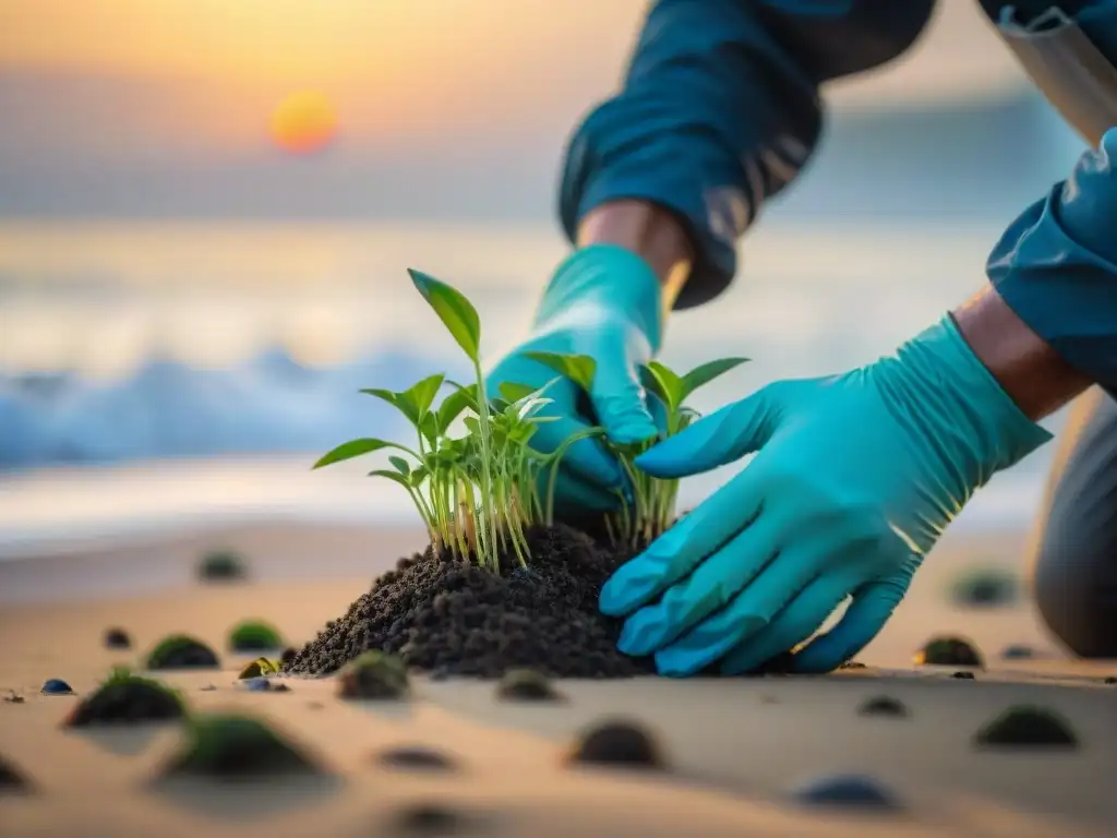 Voluntarios plantando seagrass al amanecer en la playa Voluntarios plantando pastos marinos en playa al amanecer