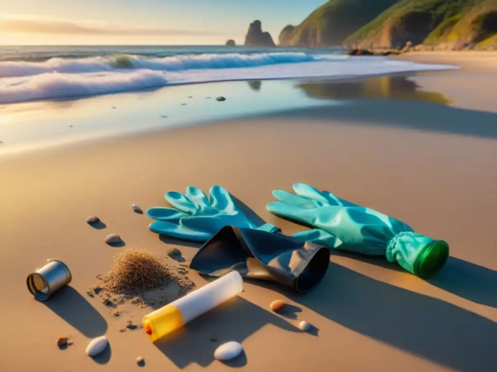 Equipo de voluntarios limpiando playa al amanecer Diversos voluntarios limpian una playa al amanecer, mostrando dedicación en la lucha contra la contaminación costera: estrategias efectivas