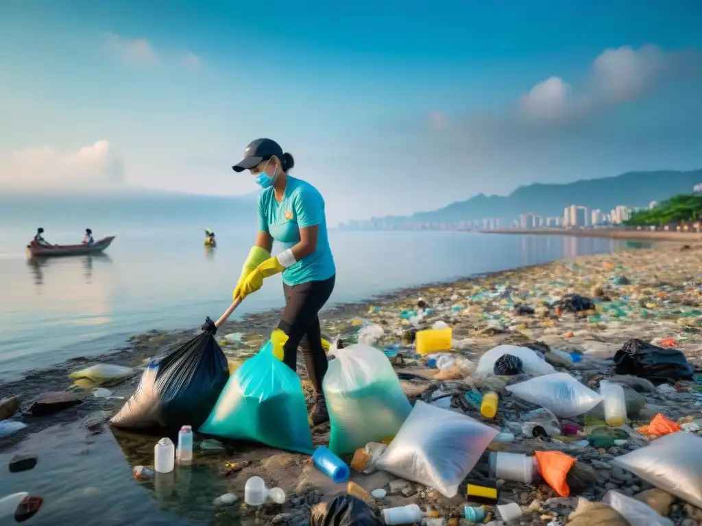 Voluntarios limpiando Manila Bay: acción comunitaria en acción Voluntarios limpiando playas contaminadas en Manila Bay bajo el sol abrasador, mostrando esfuerzo comunitario y responsabilidad ambiental