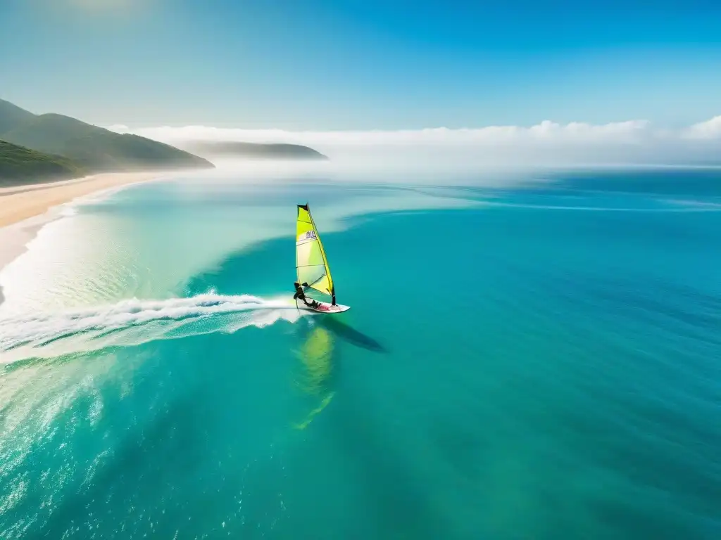 Vibrante windsurf en paraíso costero: libertad y serenidad Un windsurfista surca las aguas cristalinas de un paraíso costero