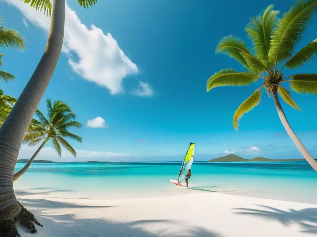 Paraíso tropical: windsurfista en aguas turquesa Un windsurfista se desliza en aguas turquesas junto a palmeras en una paradisíaca playa blanca