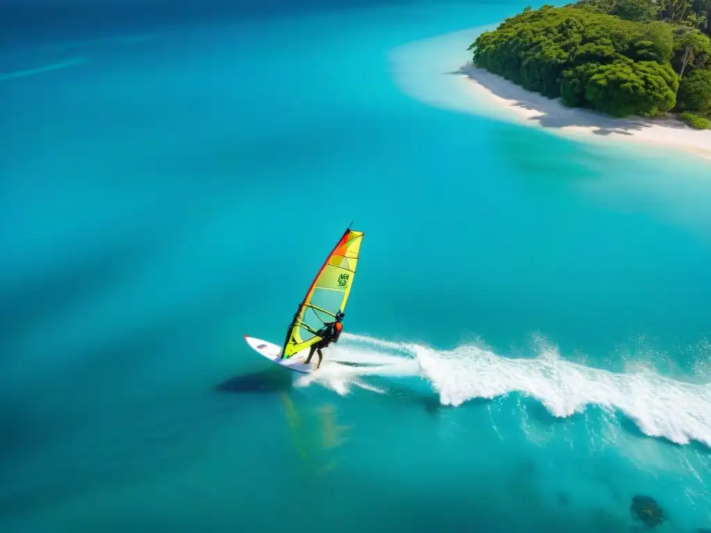 Saltos de windsurf en paraíso costero Un windsurfista saltando en aguas turquesas con palmeras en una playa de arena blanca