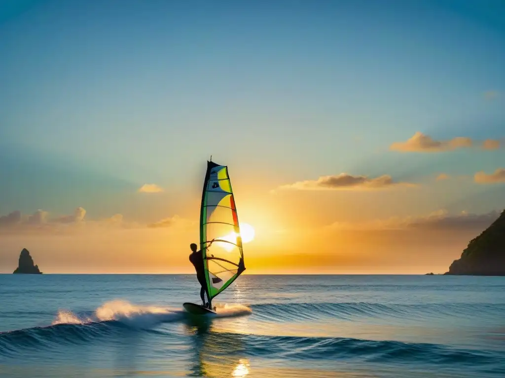 Silueta de windsurfista al atardecer en paraíso costero Un windsurfista experto surcando olas al atardecer en un paraíso costero