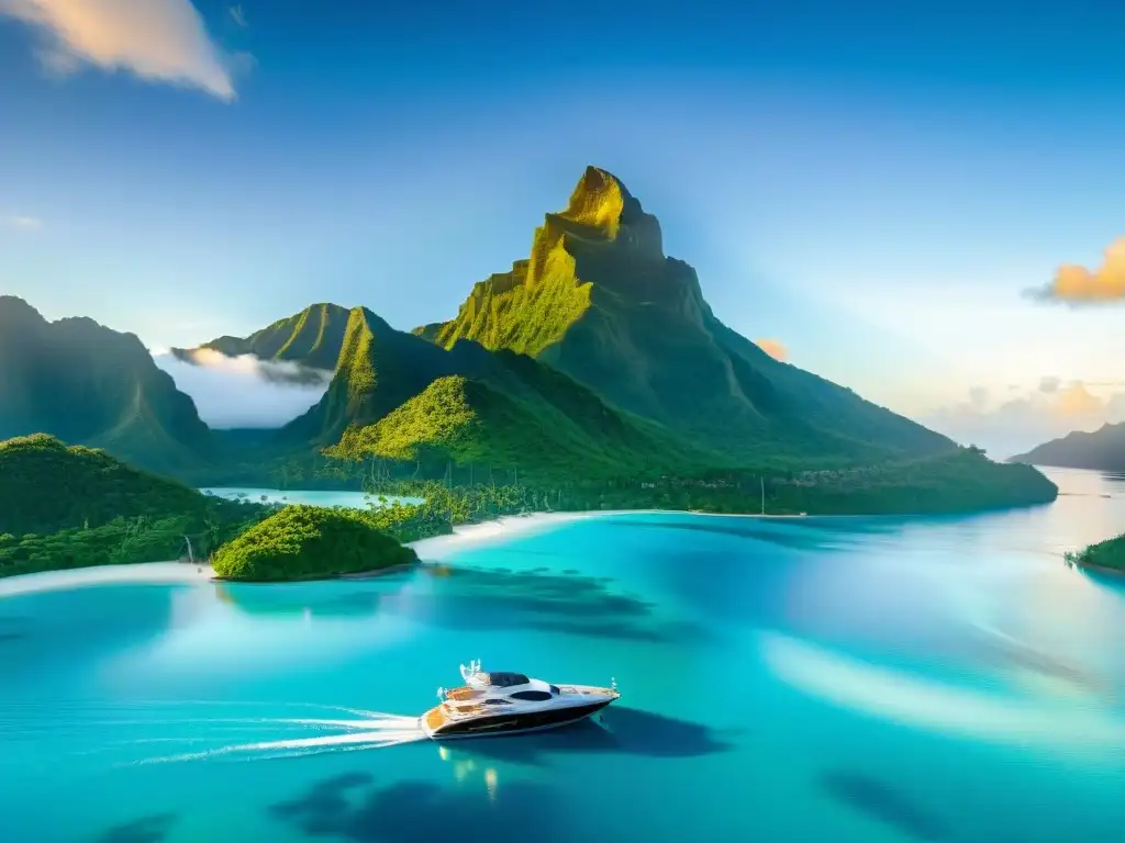 Yate de lujo en Bora Bora: Aventura acuática en paraíso exótico Yate de lujo en aguas cristalinas de Bora Bora al atardecer, equipado con deportes acuáticos
