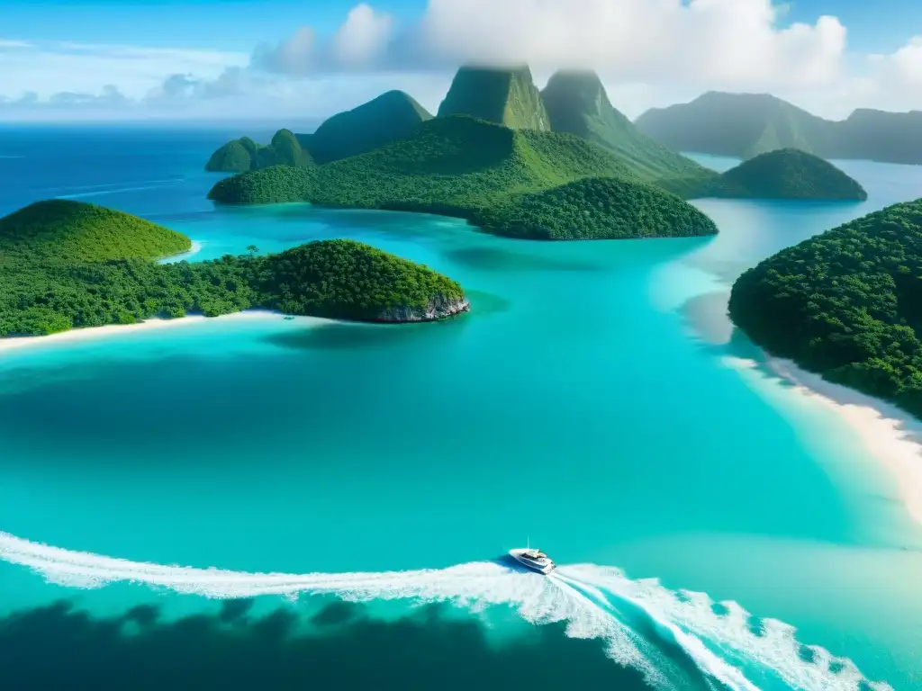 Yate de lujo navegando en aguas turquesas Un yate de lujo navegando en aguas turquesas, rodeado de islas verdes