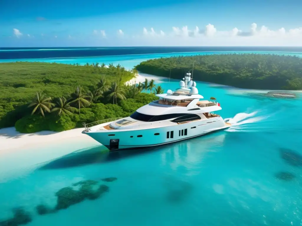 Yate de lujo en aguas cristalinas de Las Bahamas Un yate de lujo en aguas turquesas de Las Bahamas, rodeado de palmeras verdes y elegantes personas disfrutando