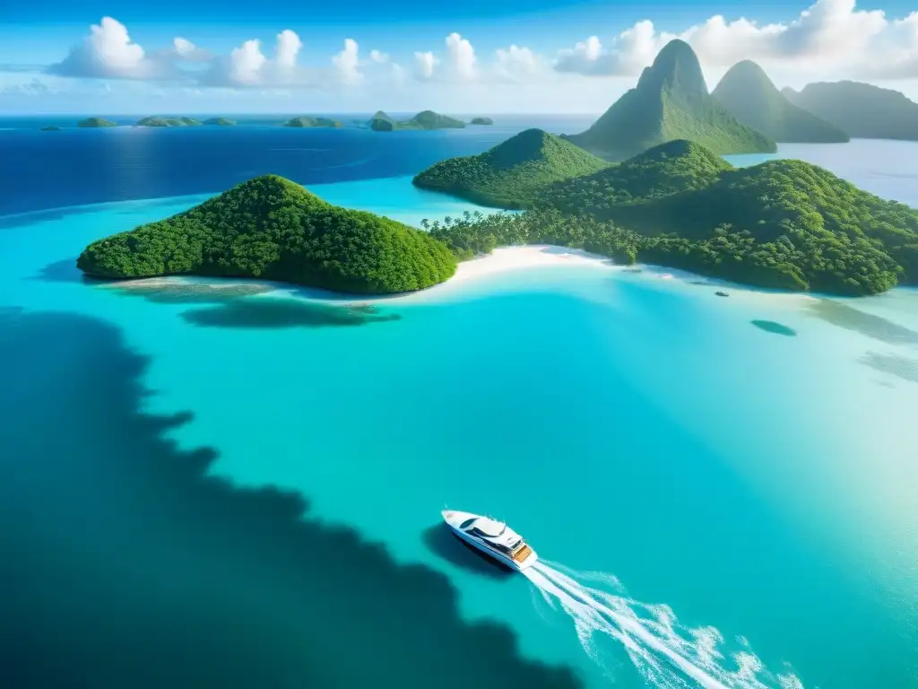 Yate de lujo navegando en aguas turquesas entre islas tropicales Un yate de lujo navegando por aguas turquesas en medio de islas tropicales exuberantes