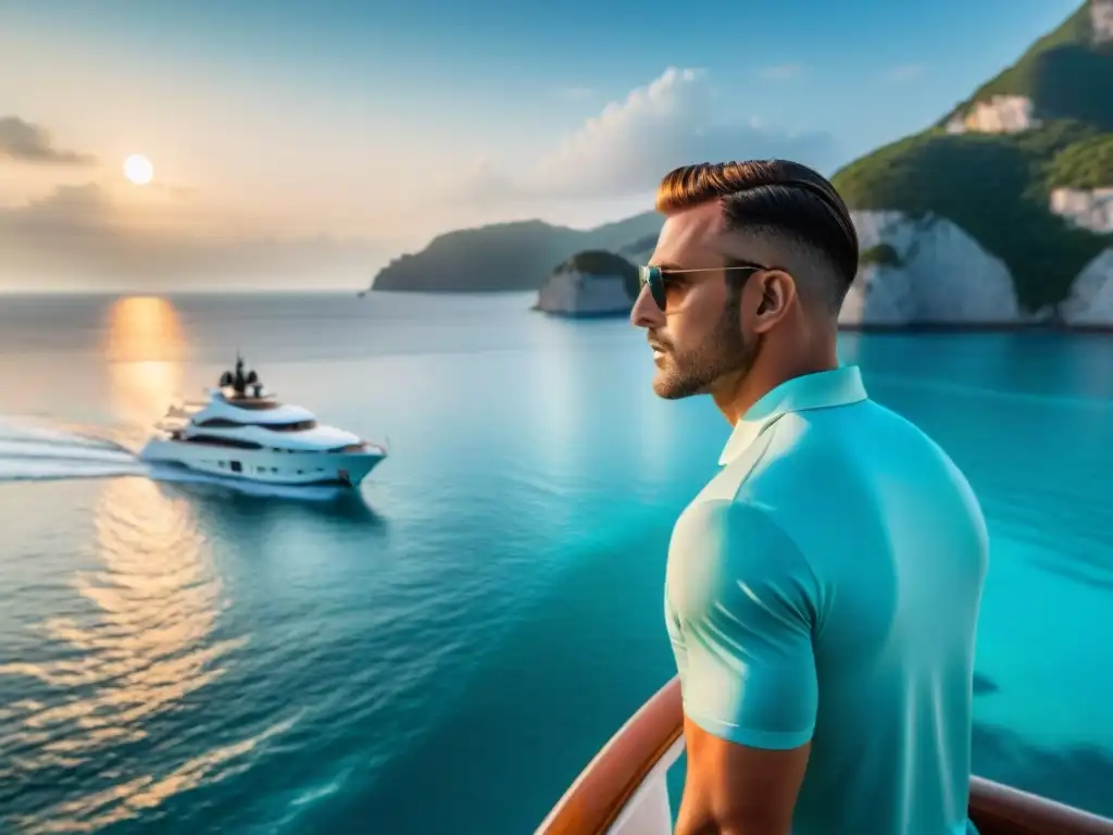 Yate de lujo en aguas turquesas con seguridad privada al atardecer Un yate de lujo en aguas turquesas, con seguridad a bordo y el sol poniéndose, reflejando el estilo de vida en costas exclusivas