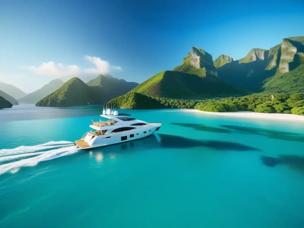 Yate de lujo en aguas turquesa: exclusividad y aventura Yate de lujo en aguas turquesas con invitados disfrutando actividades acuáticas