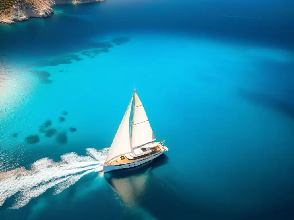 Yate de lujo surcando aguas turquesas en las islas griegas Un yate de lujo navegando por aguas turquesas, rodeado de islas griegas
