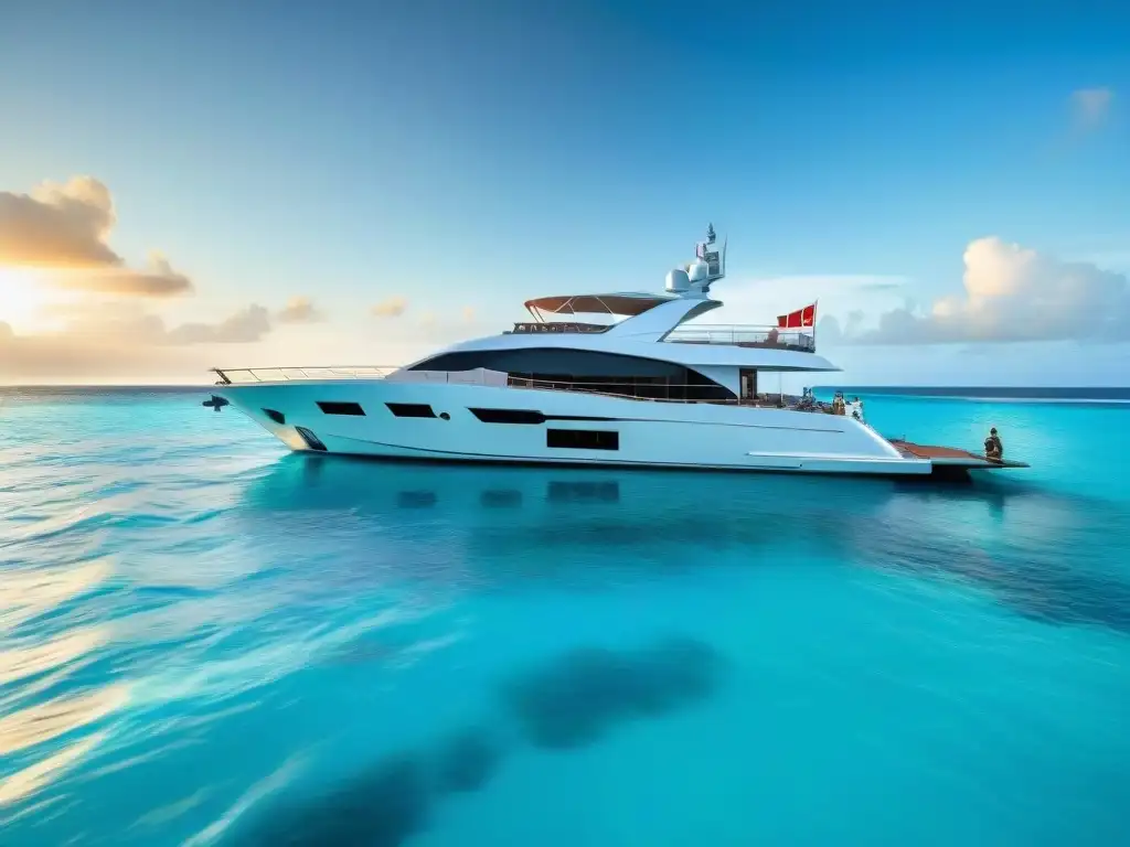Yate de lujo en Maldivas: atardecer exclusivo Yate de lujo anclado en aguas cristalinas de Maldivas al atardecer con exclusividad y glamour