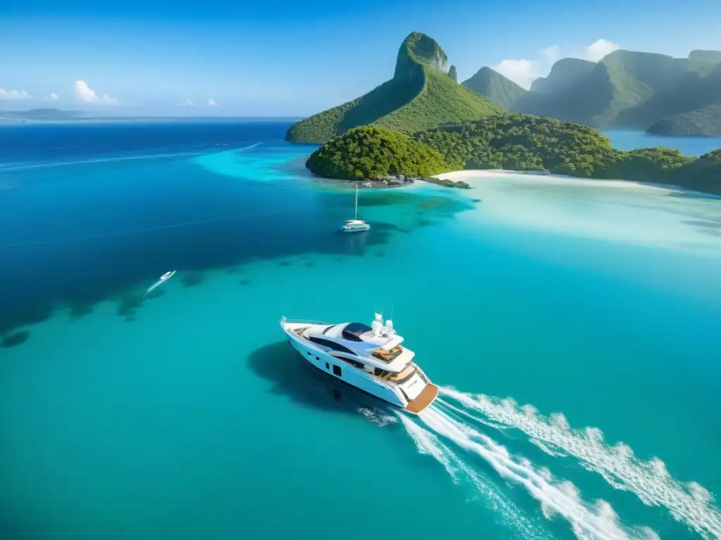 Yate de lujo en aguas turquesas: aventura y opulencia Yate de lujo con equipos deportivos en aguas turquesa, islas verdes y cielo azul