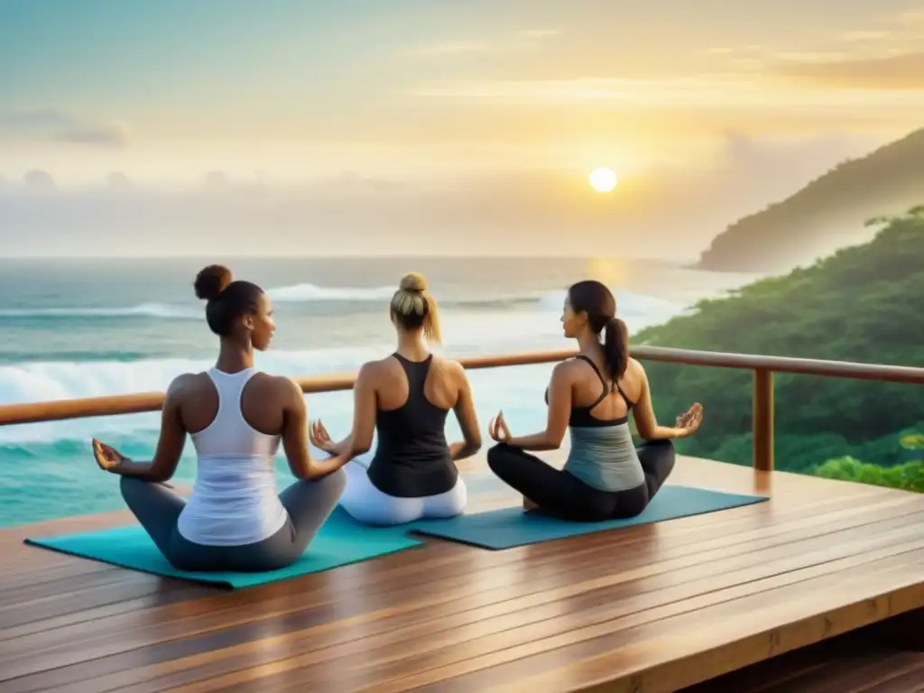 Yoga al amanecer en ecoresort junto al mar Práctica de yoga al amanecer en eco resort junto al mar
