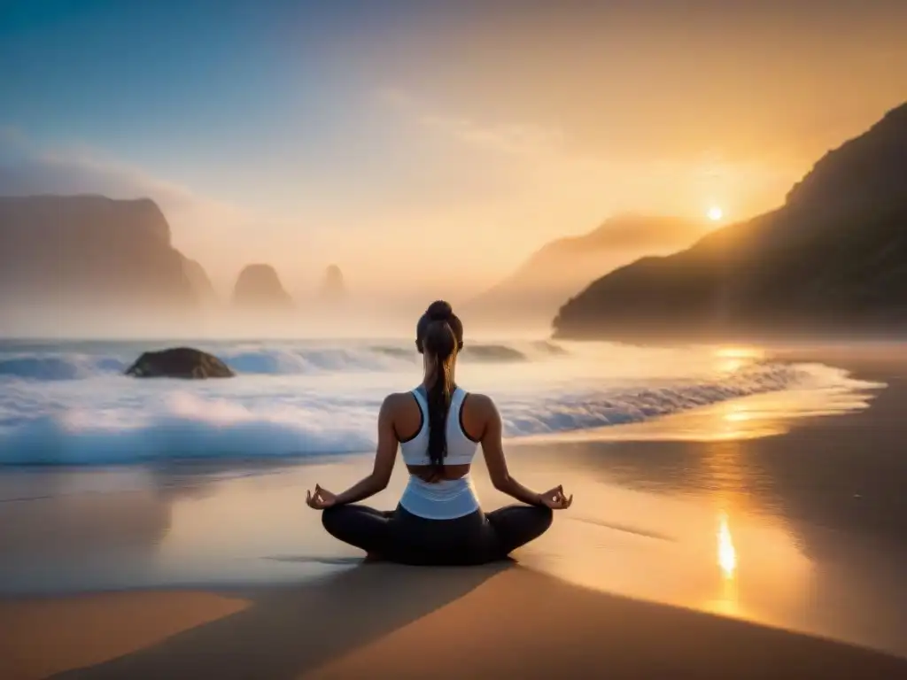 Playa al amanecer: armonía entre yoga y naturaleza Práctica de yoga al amanecer en la playa, con beneficios para cuerpo y mente
