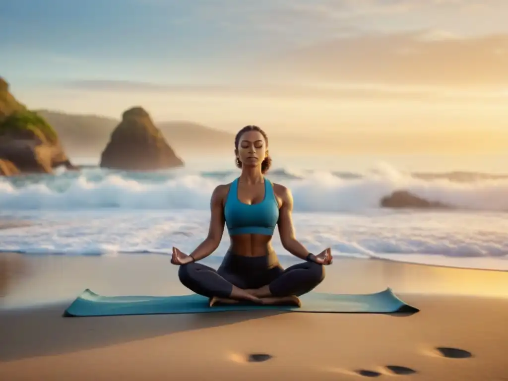 Yoga al amanecer: serenidad y bienestar en la playa Practicando yoga al amanecer en la playa, cuerpo y mente en armonía