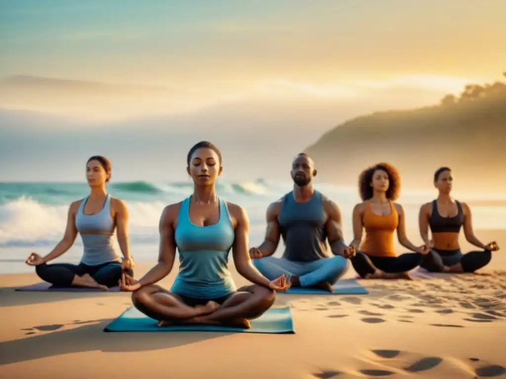 Yoga al amanecer: serenidad en la playa con diversidad de prácticas Práctica de yoga al amanecer en la playa: fuerza y serenidad bajo la cálida luz dorada, beneficios del yoga en la playa