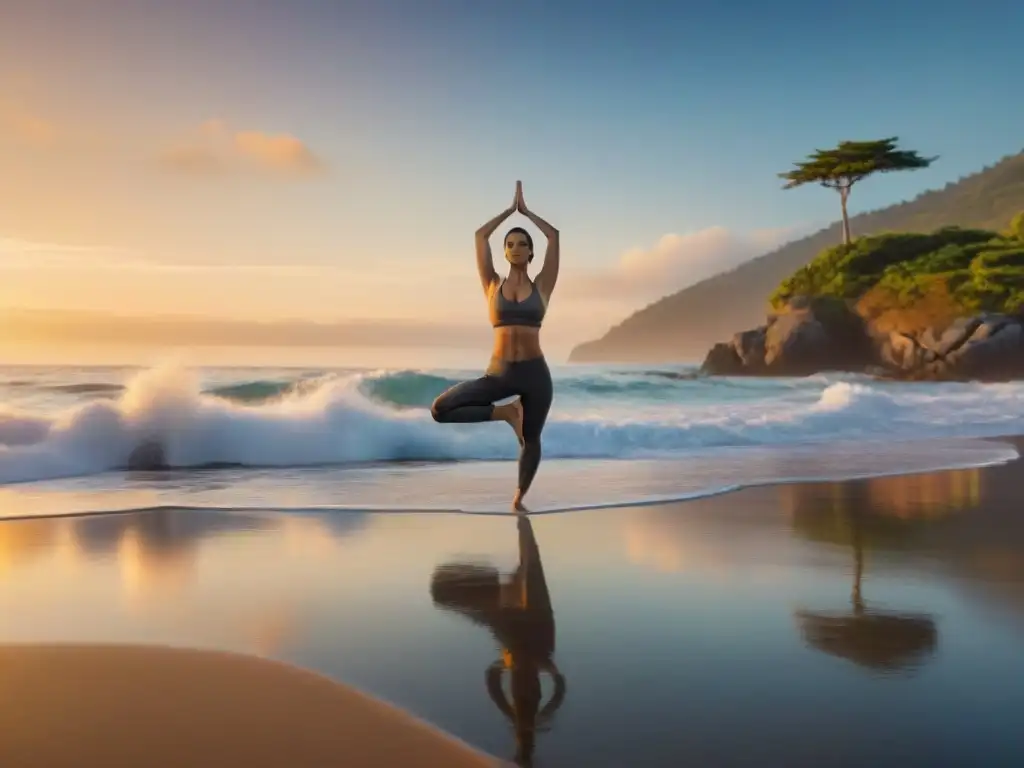 Yogui en la playa al amanecer: armonía y equilibrio Un yogui en postura del árbol en la playa al amanecer, con olas suaves creando armonía